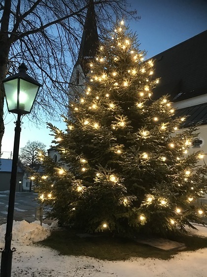 Christbaum vor Kirche erstrahlt in hellem Glanz / © Pfarrgemeinde Eberschwang Christbaum vor Kirche erstrahlt in hellem Glanz
